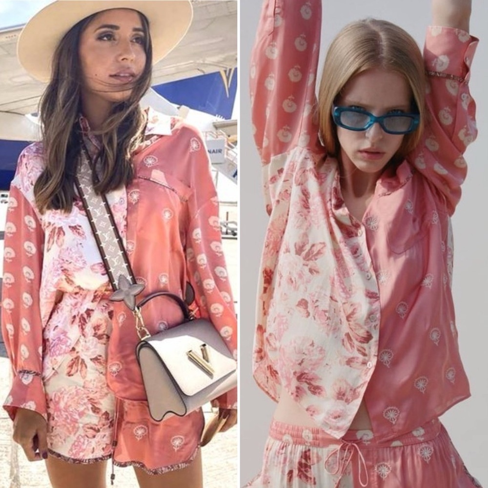 Zara Mixed Print Flowy Buttoned Blouse Pink Sz XS Embroidered